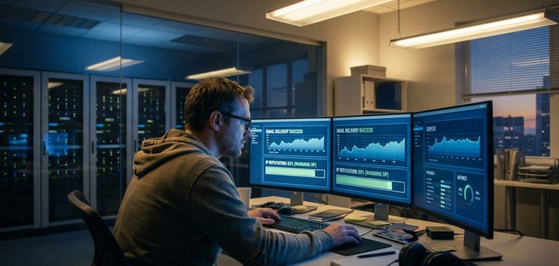 Email deliverability engineer monitoring IP warming metrics on multiple screens