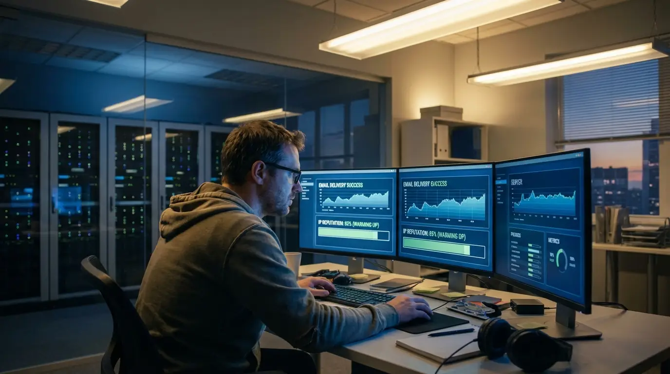 Email deliverability engineer monitoring IP warming metrics on multiple screens