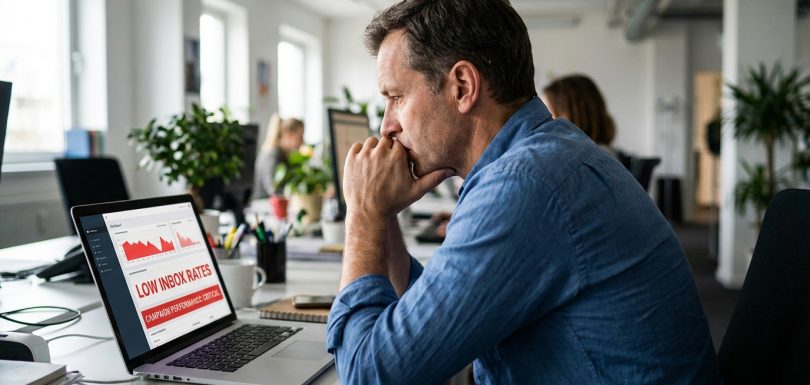 Director de marketing revisando metricas de email con resultados negativos