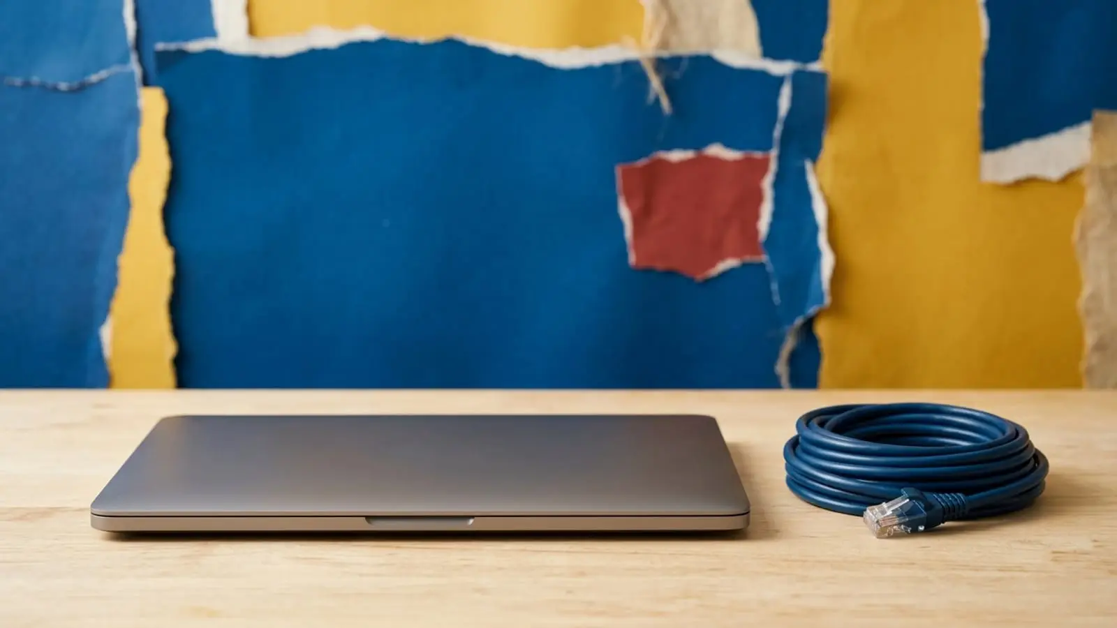 A closed laptop with a blue ethernet cable on a desk. Behind it, a torn paper collage of blue and yellow, with a red patch