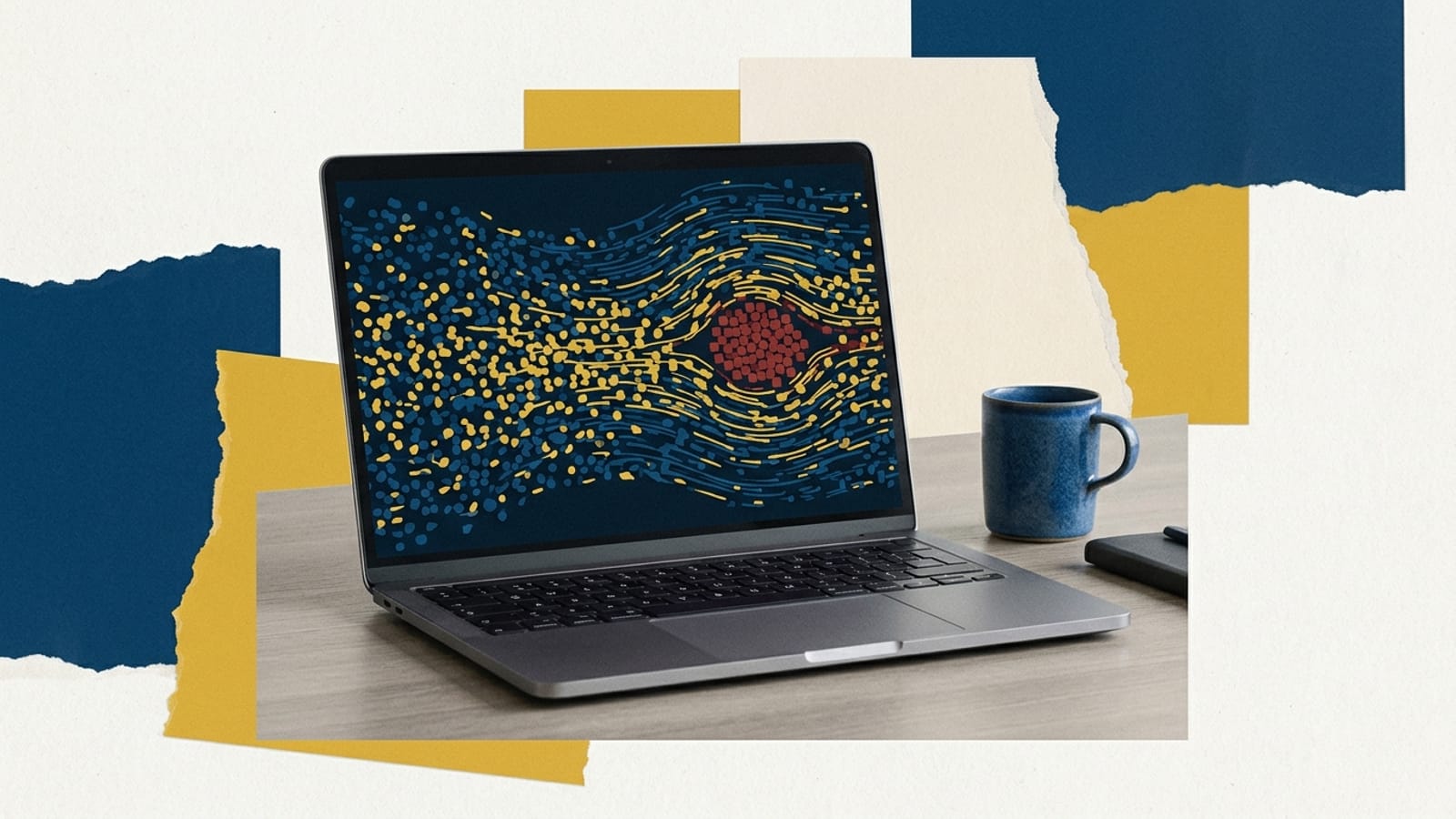 Laptop on a desk displays an abstract data visualization of deep blue and yellow data flow, showing a red blockage.