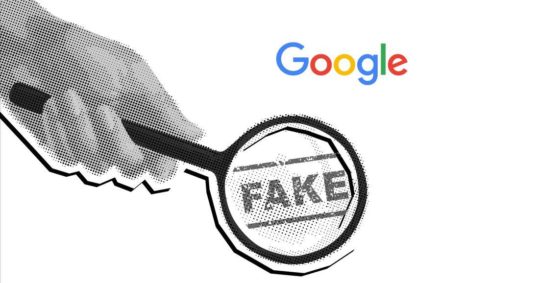 A magnifying glass over the word FAKE next to the Google logo